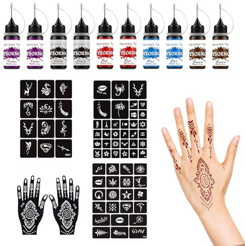 Henné Set con 10 bottiglie di inchiostro, 67 stencil e stencil per henné a mano, kit per pittura fai da te, tatuaggi temporanei per tatuaggi creativi