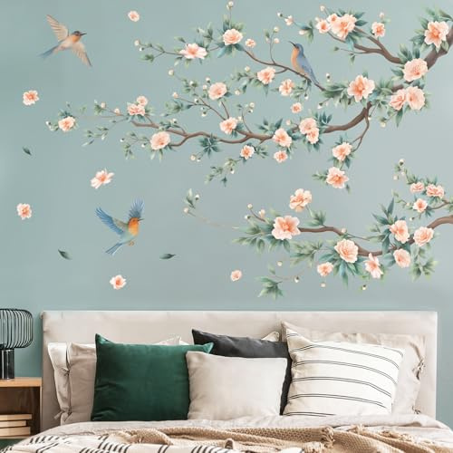 SHUCHING Pink Flower Tree Wall Stickers Peel and Stick, Vintage Camellia Blossom Branch Wall Art Decals Decoration for Bedroom Living Room Hallways