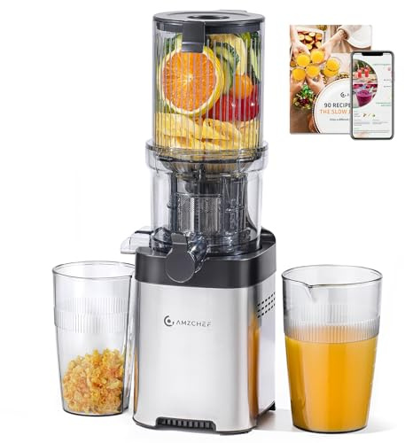 AMZCHEF Exprimidor de Jugos Lento – Apertura de 115MM para verduras y frutas enteras – Exprimidor compacto con alta extracción de jugo, silencioso, fácil de limpiar