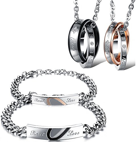 Kim Johanson Edelstahl Pärchen Schmuckset Armbänder & Ketten Amor für verliebte Roségold & Schwarz mit Cubic Zirkonia inkl. Schmuckbeutel