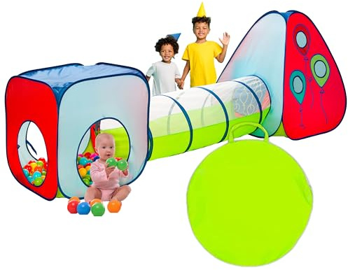 Kiddey Tunnel and Ball Pit Play Tent | 3pc Pop Up Toddler Gym Tunnels with Tents for Kids, Toddlers, Infants Boys & Girls | Indoor & Outdoor Gift Game | Baby Crawling Pits for Playground