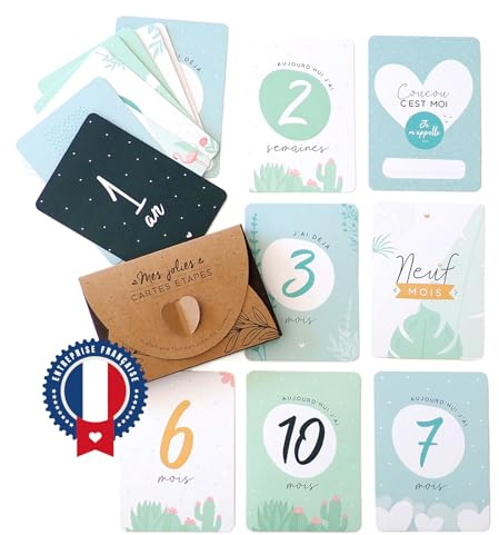 Manahia Cartes étapes Bleu - Lot de 16 Cartes - de la Naissance à 1 an - Cartes Semaine, Mois et 1ère année - Cadeau de Naissance - Cadeau Babyshower - Carte Etape Garçon - Souvenir Bébé
