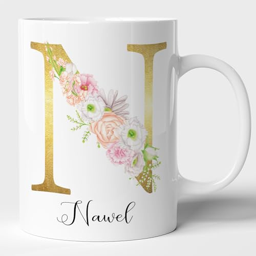 Lalasol Tasse à Café et Thé Alphabet Prénom Cadeau Personnalisé Pour Fille Femme Collègue Ami Famille Anniversaire Frère Sœur – Mug Original Fleur D'Or Vintage Mignon Jaune