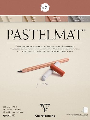 Clairefontaine 96052C Bloc Collé Pastelmat n°7 - 12 Feuilles Carte Spéciale pour Pastels Secs - 18x24 cm 360g - 4 Couleurs Assorties - Intercalaires en Papier Cristal