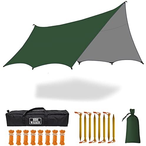5x5m Groß Hängematte Tarp Wasserdicht Zeltplane Hexagon Camping Plane Regenplane Picknick Zelt Matte Outdoor Survival Ausrüstung（Ohne Stangen）