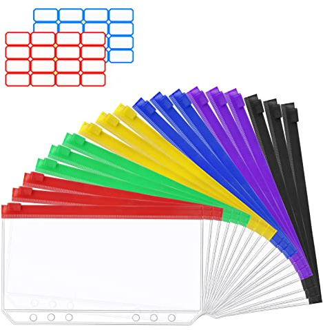 Vicloon Borsa per Raccoglitore, 18Pcs A5 Formato 6 Fori Tasca Raccoglitore, Tasche Cerniere Plastica con 2Pcs Etichette Adesive, Sacchetto per Cartelle in Plastica per Fattura, Quaderni e Carte
