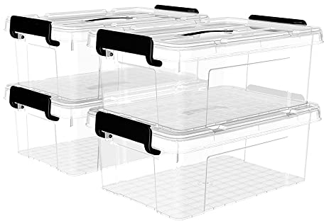 Cetomo 20L*4 Caja de Almacenamiento con Asa, Caja de Plástico con Tapa y Cierre Seguro, Contenedor de Almacenamiento, Duradera, Apilable, Resistentes, Transparente, Paquete de 4 de 20L