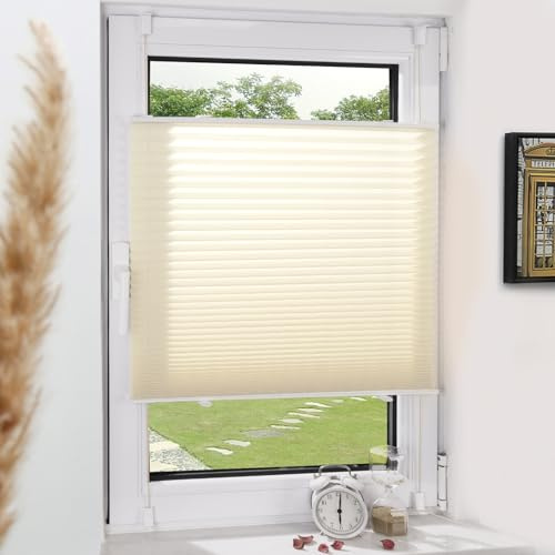 Grandekor Plissee Klemmfix ohne Bohren Beige 80x120cm(BxH) Plissees lichtdurchlässig Blickdicht Jalousien ohne Bohren Fensterrollo Klemmrollos Sonnenschutz Sichtschutz Faltrollo Rollos für Fenster