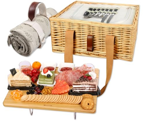 Hap Tim Wicker Picnic Basket for 2 with Mini Folding Wine Picnic Table & Large Insulated Cooler Bag & Cutlery Service Kits for 2 Person, Couples Gifts, Wedding Gifts (Y2307-2-CM)