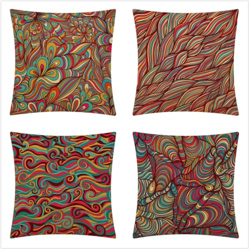 Oujkeef Kissenbezug 80x80cm - 100% Leinen Baumwolle mit Reißverschluss,Superweicher Kopfkissenbezug,Kissenhülle,Bunte geometrische Linien,nur Kissenbezug