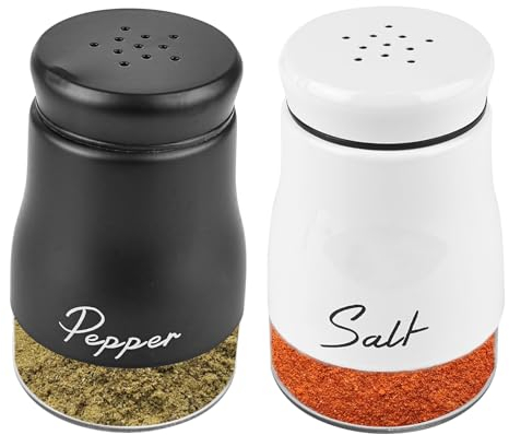 WIYETY Set di saliera e pepiera da 120 ml, con fondo in vetro, saliera e pepiera con coperchio in acciaio inox, per cucina, barbecue, camper, ricarica e utilizzo – bianco e nero