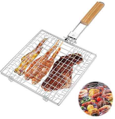 badaren Cesta para Barbacoa, Juego de asador de Pescado, Rejilla para Barbacoa de Acero Inoxidable, práctica Cesta para Barbacoa Plegable para Asar Pescado, Carne a la Parrilla, Verduras (Plata A)
