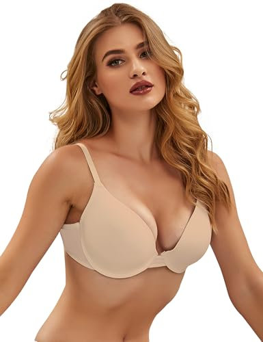 ohmydear Women's Underwired Push Up Comfort Bras Plus Size Smooth Ladies Balconette Deep V Everyday Nude Support Bras Padding Seamless, 36C