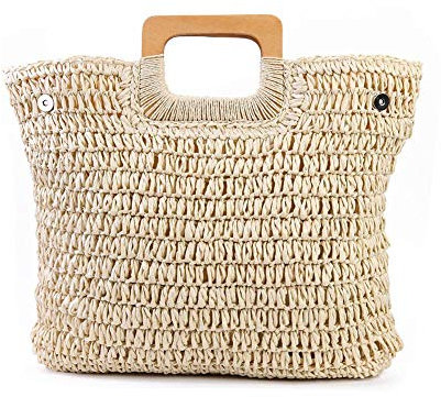 QiaoJun Korgväska, korgväskor damer vintage halmpåse för kvinnor sommar stor kapacitet strand handväskor rotting handgjorda tryckta resväskor handtag väskor (beige)