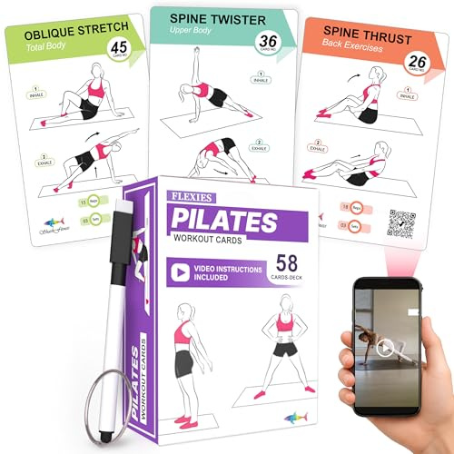 Flexies Pilates Workout Cards - 58 Exercise Cards with Pilates Mat Workout Postures, Video Instructions & Breathing Tips | Free Ring & Dry-Erase Marker to Create at home pilates womens workout planner