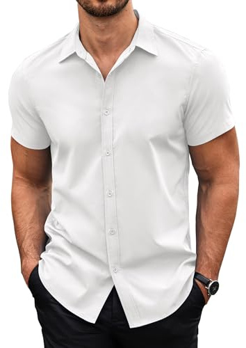 COOFANDY Chemise Homme Manches Courtes Chemise d'Été Casual Business Slim Fit Chemisette pour Homme Basique Unie Blanc L