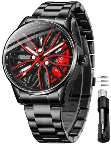 OLEVS Watches for Men Skeleton Quartz Racing Car Wheel Stainless Steel Casual Sports Waterproof Luminous Mens Watches