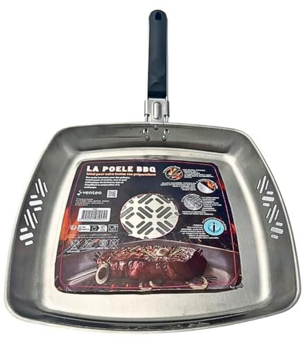 Venteo Poêle Barbecue Inox avec Poignée Ergonomique Amovible | Grille BBQ en Acier Inoxydable Résistant | Cuisson Homogène pour Viandes, Légumes, Poissons & Fruits de Mer | Facile à Nettoyer