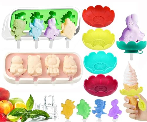 2 Piezas Moldes Helados Silicona,DIY Moldes polos Helados Reutilizable,Moldes Helados Silicona Sin BPA,Molde Helado Hermoso Animales,Moldes Helados Casera para Niños,con 12 Palitos,para Hacer Polos