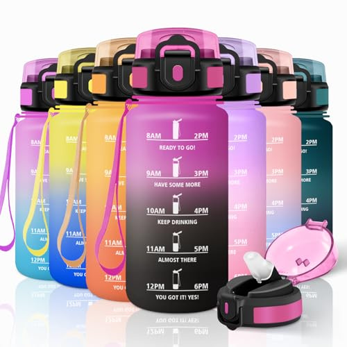 Motswedi Trinkflasche Kinder, 500ml Auslaufsicher, Trinkflasche Kohlensäure Geeignet, mit Zeitmarkierung, Wasserflasche, Sportflasche, für Schule, Sport, Yoga, Fitness, Büro, Lila Rot & Schwarz