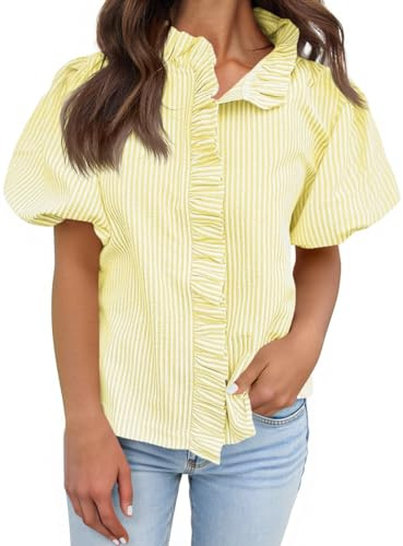 Tankaneo Womens Short Puff Sleeve Button Down Shirts Summer Ruffle Striped Work Tops Stand Collar Trendy Casual Loose Blouse Light Yellow
