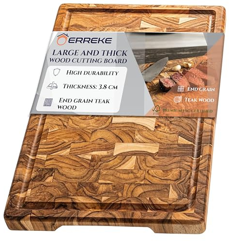 Erreke Skärbräda i Naturligt Teakträ End Grain, 44x30x3,8 cm, Stor, Tålig | XL med Saftränna. Vändbar och med Handtag. Träskärbräda Kök. För Ost Chark Kött Bröd. Serveringsbräda. För Kök och Bord