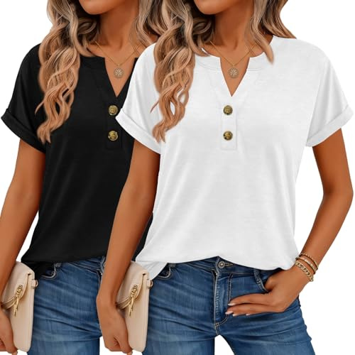 Women Tops 2 Pack Shorts Sleeve Shirts V Neck Henley Tops Spring Summer Trendy Casual Blouses Vacation Women Clothes 2026