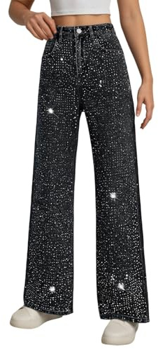 Leaomuny Jeans con Brillantini Donna Larghi Vita Alta Trousers Taglie Forti Women Gamba Larga Pantaloni Palazzo alla Caviglia Comodi Eleganti in Denim Y2k con Tasche alla Moda Streetwear