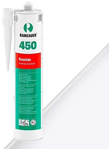 RAMSAUER 450 Sanitär 1K Silikon (Weiß) - 310ml Kartusche, ideal für Feuchträume & Nassbereiche, Lebensmittelbereich, leicht verarbeitbar, schnelle Tiefhärtung, optimale Glättbarkeit