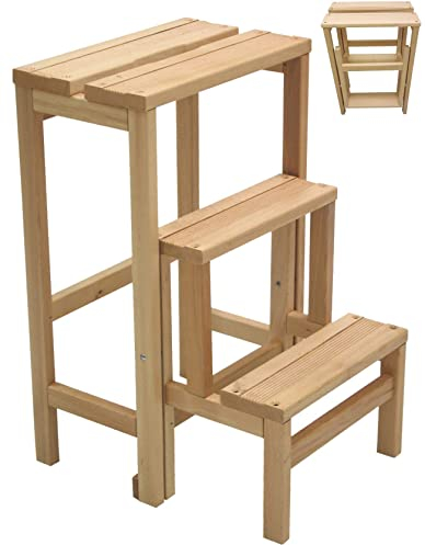 Hocker Leiter Leiter 3 Stufen zusammenklappbar platzsparend aus Naturholz oder Nussbaum (Naturholz)