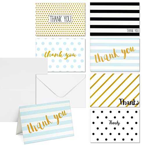 Juvale Thank You Cards with Envelopes - 4x6 In, 144-Pack, 6 Assorted Polka Dot & Stripe Designs - Bulk Blank Thank You Notes for All Occasions, Birthday, Baby Shower & Wedding