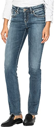 Silver Jeans Co. Women's Suki Mid Rise Curvy Fit Straight Leg Jeans, Medium Sandblast, 27W x 34L