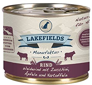 Lakefields Premium Hundefutter Nass | Rind 61% | 6 x 200g | Getreidefreies Nassfutter für Hunde | Natürliche Zutaten in Lebensmittelqualität | Äpfel, Zucchini & Karotten | Schonend gegart