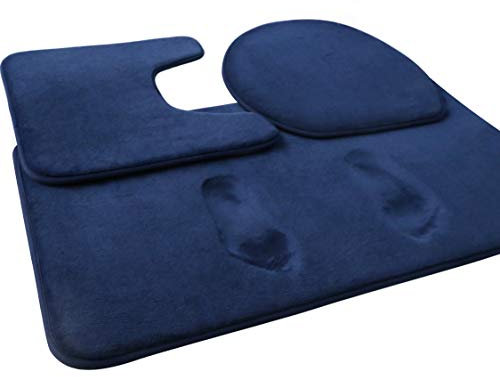 FEELSO Memory Foam Bath Mat, 3 Piece Rugs Soft Non Slip and Absorbent Bathroom Carpet, 20x31 inches Floor Mat, 20x22 inches U-Shaped Contour Rug and Toilet Lid Cover for Tub Shower & Bath Room, Blue