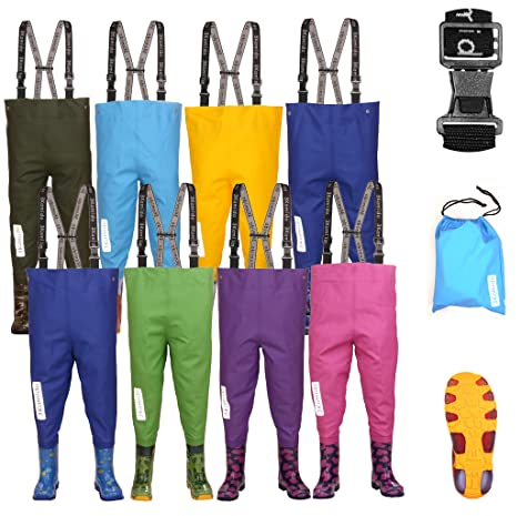 3Kamido Kinderwathose, Jugendliche Kinder Brust Wathose - 10 Modelle, verstellbare Taille, strapazierfähige Hosenträger, Schnalle Nexus, Kinder Angeln Stiefel 20 – 35 EU (Krokodile Grün, 30/31)