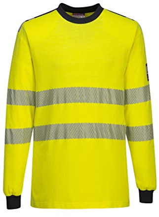 Portwest FR701 PW3 Flame Resistant Class 3 Hi-Vis Reflective Long Sleeve T-Shirt Yellow/Navy, M