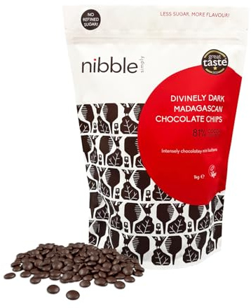 Nibble Simply 1kg Divinely Dark Madagascan Chocolate Chips, 81% Cocoa Mass - Single Origin - Vegan - No Refined Sugar