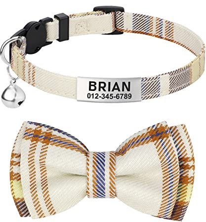 TagME Katzen halsbänder mit Namen und Telefonnummer Auf, Kätzchenhalsband mit Sicherheits Verschluss und Glöckchen, Plaid Khaki