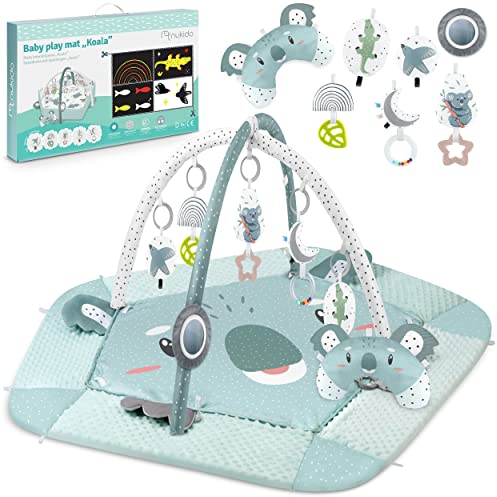 Nukido Interaktives Spielbogen Baby 5in1 Krabbeldecke für Baby Spielmatte mit 5 Wänden Laufstall Baby Babynestchen Neugeborene mit Bauchzeit Kissen 2 Bogen mit 7 Sensorik Spielzeug Mint