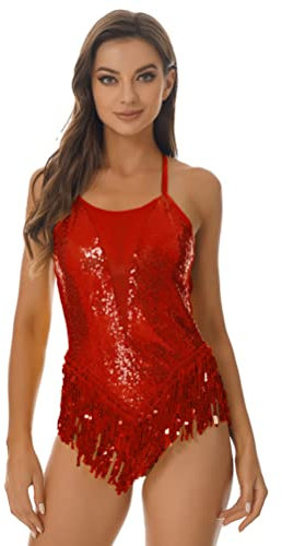 Aislor Ballettbody Damen Tanzbody Glitzer Ballettkleid Ärmellos mit Pailletten Fransen Ballett Trikot Rock Latein Kleid Tanzkostüm Rot XXL