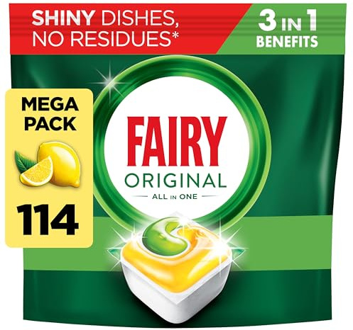 Fairy All-In-1 Dishwasher Tablets Bulk, Fairy Dishwasher Tablets, 114 Tablets, Lemon, Effective Even on Dried-On Grease, Dishwasher Tabs