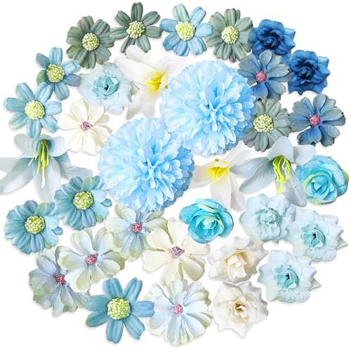 ROLLWAY 34 Stück Kunstblumen zum Basteln Blau Klein Blumenköpfe 4~7cm, Mini Künstliche Blumen Blütenköpfe Deko Seidenblumen Fake Blumen Blumendeko Rosen Hortensien für Tortendeko Dekoblumen