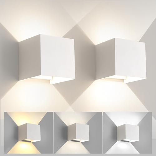 FUPE 2 Piezas Aplique de Pared Exterior Interior Luz Ajustable de 3 Colores LED Lámparas de Pared Moderno Blanca 12W IP65 Impermeable Apliques de exterior cuadrada de aluminio Ángulo de luz ajustable