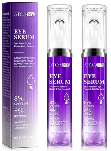 Confezione da 2 Siero per occhiaie e borse sotto gli occhi con 8% caffeina 8% retinolo, ialuronniacinamide, anti-invecchiamento per borse e gonfiori, con pallina massaggiante a 360° per donne e uomini