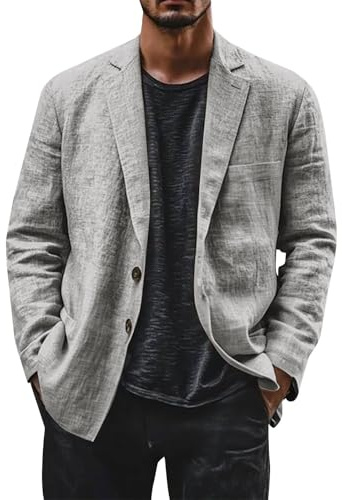 Veste d'été en lin pour homme - Blazer décontracté en coton et lin avec deux boutons - Veste simple et décontractée - Veste de costume pour les loisirs - Veste de transition pour homme - Coupe droite