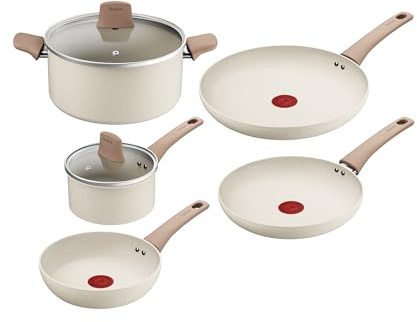 Tefal Stone White - Juego de 3 sartenes 20/24/28cm + Cazo con tapa 16cm + Olla con tapa 24cm, Mango Fijo, Revestimiento Antiadherente, Cuerpo Aluminio 100% Reciclado, Thermo-Signal, Apto inducción