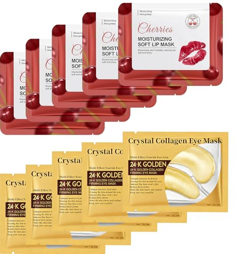 Virecose 10 Pezzi Collagene Maschera Occhi e 5 Pezzi Ciliegia Maschere Labbra Idratanti, Idratante Cuscinetti per Labbra, Patch Occhi Anti-Rughe e Anti-Occhiaie, Rimuovi Borse e Puffinesss