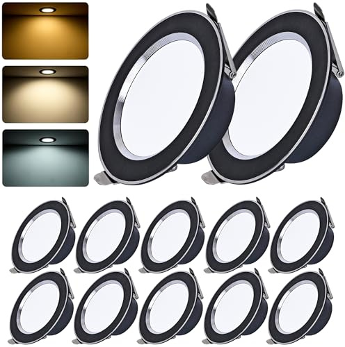 Spot Led Encastrable Noir 12Pcs Salle de Bain Spots Plafond Orientable Extra Plat Exterieur Interieur Matter 5W Encastrés Gros Lot 220V Connecté Neutre Set Trou Φ75-90mm Pour Cuisine/Salon/Couloir