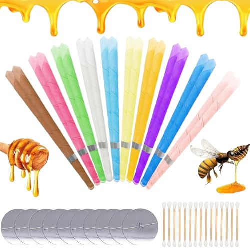 20 Pezzi Candele per orecchie, kit per la rimozione del cerume, Coni per orecchie auricolari in cera d'api 100% naturale, dischi protettivi, candele auricolari detergenti per il relax (10 fragranze)