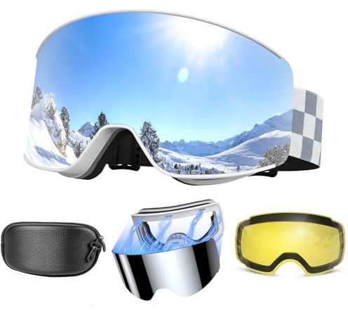 Skibrille OTG, Skibrille Snowboardbrille für Damen und Herren mit 2 Magnetische Wechselglas, Anti-Nebel Snowboard Brille Ski Goggles UV-Schutz für Herren Damen Teenager, Ski & Snowboard